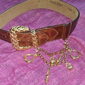 Streets Ahead Brown Belt with Gold Chain Charms Accents Sz.m